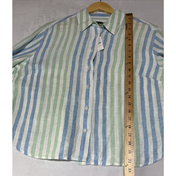 Talbots Linen Shirt Womens MP Striped Blue Green Cropped Boxy Button Up Blouse - Picture 10 of 14